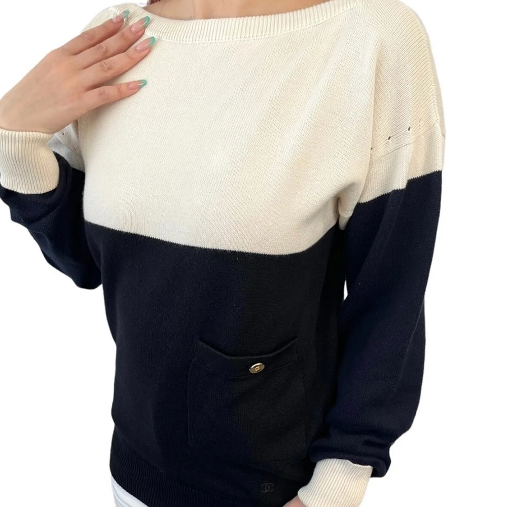 AUTH CHANEL Vintage CC Logo Sweater Top Sz S Black Light Beige